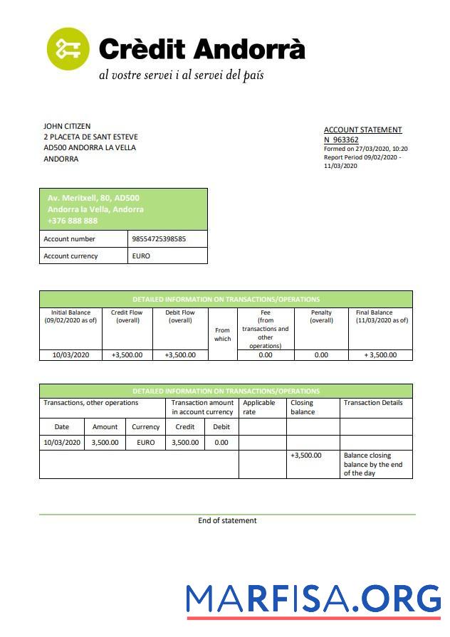 Realistic Andorra Credit Andorra bank statement template
